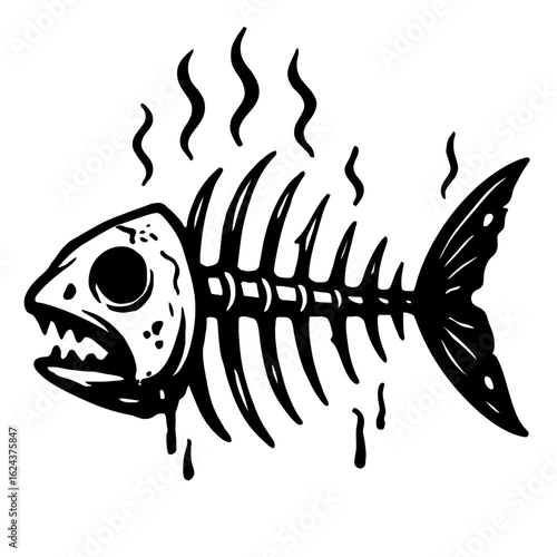 Rotten and Smelly Fish Skeleton with Bones and Dripping Liquid - Pollution and Decay