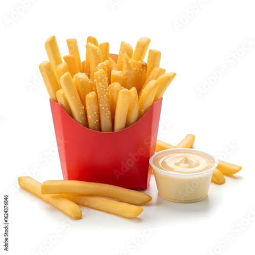 Crispy Golden French Fries with Creamy Dipping Sauce in Red Container – Perfect Fast Food Image for Menus & Ads