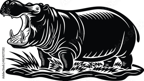 Wallpaper Mural A black and white illustration of a hippopotamus with its mouth open standing in some grass near water Torontodigital.ca