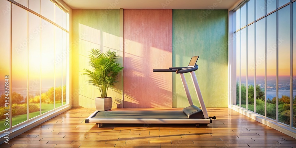 Obraz premium Minimalist Home Gym: Treadmill Workout Space, Soft Light, Wooden Floor