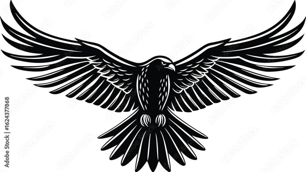 Fototapeta premium A striking black and white illustration of a raven with outstretched wings in a symmetrical design style