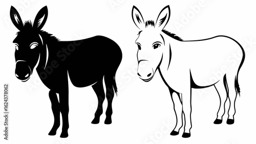 Two donkeys one in black silhouette and the other in outline standing side by side on a white background | editable eps vectors