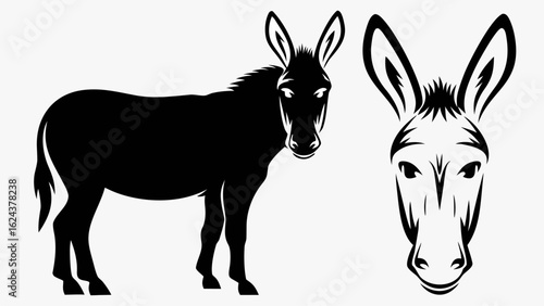 Illustration showing a black silhouette of a donkey and a donkey head on a white background design is cool | editable eps vectors