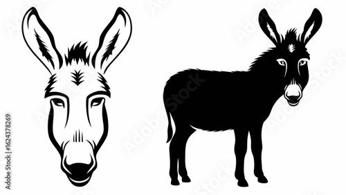 Illustration showing a donkey head and a full donkey body in black and white vector graphics style | editable eps vectors silhouette