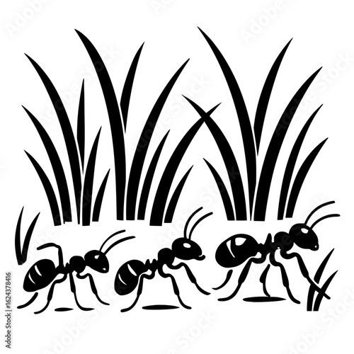 Vector Illustration of Three Ants Marching in a Line near a Patch of Grass