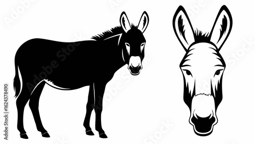 Illustration of a black donkey standing and a donkey face on a white background in vector format | editable eps vectors silhouette