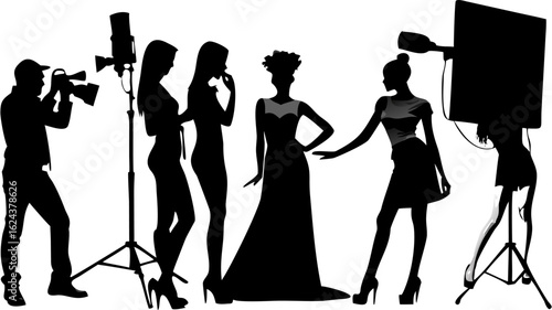Silhouette scene showing a photographer taking pictures of models during a fashion photoshoot session today | editable eps vectors