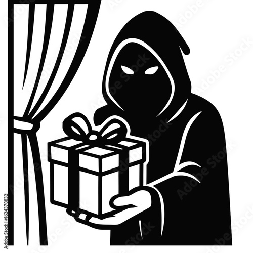 Mysterious Hooded Figure Offering a Gift - Secret, Suspense and Surprise Symbol