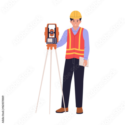 Male Surveyor with Theodolite and Staff Illustration. Land Measurement. Illustrations for websites, landing pages, mobile apps, posters and banners