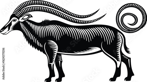 A stylized sable antelope illustration with detailed linework and a curled tail on a white background