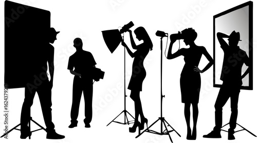 Silhouette of photography studio setup with models lights and equipment in a professional setting scene | editable eps vectors