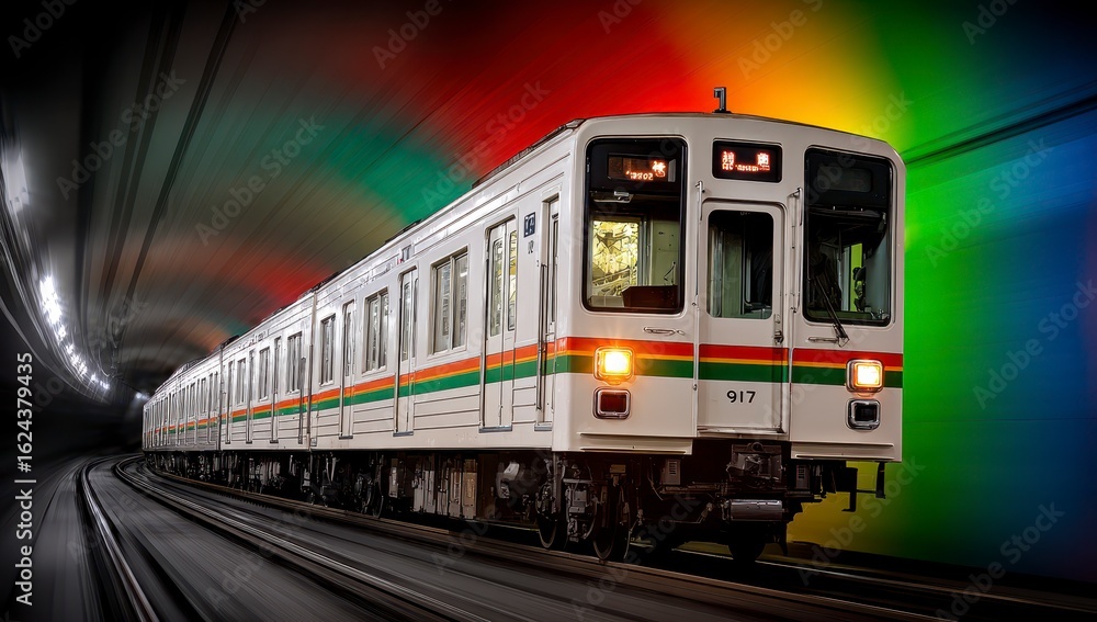 Naklejka premium Commuter train speeding through colorful tunnel