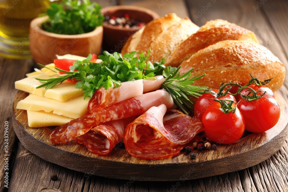 Wooden board loaded with assorted meats, cheeses, and fresh vegetables Wooden board loaded with assorted meats, cheeses, and fresh vegetables