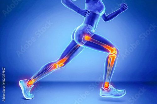 Running Woman Anatomy in 3D – Highlighted Knee, Hip, and Ankle Joints Medical Concept, Medical 3D Illustration of Female Athlete in Motion – Skeletal and Joint Anatomy Highlighted
