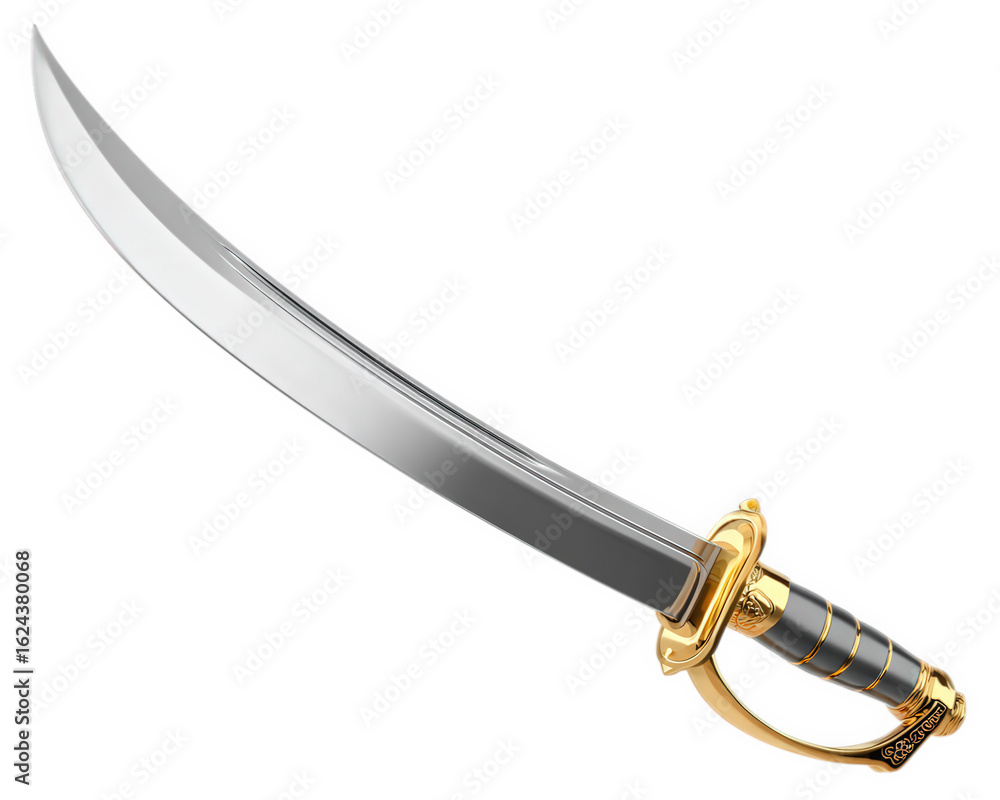 Fototapeta premium Curved sword with shiny steel blade and ornate gold hilt, traditional pirate weapon, isolated on transparency background, evokes adventure and excitement