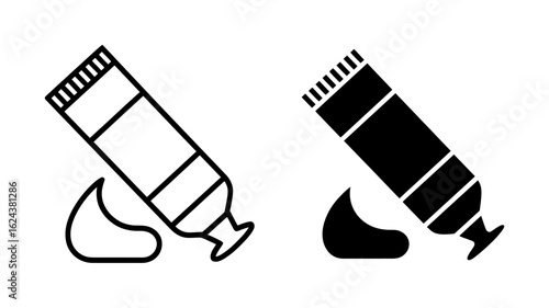 Vector Art of  a Line art and solid black icons: tube dispensing viscous substance;  clean, simple, graphic design.