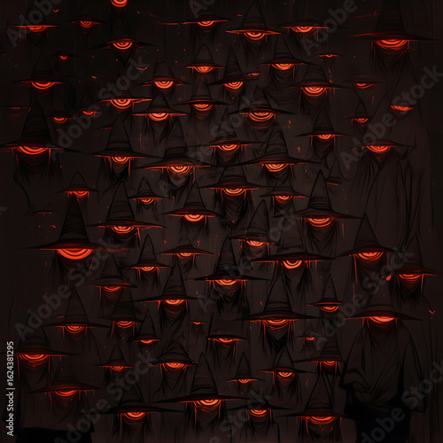 A black and orange background with many fake witch hats