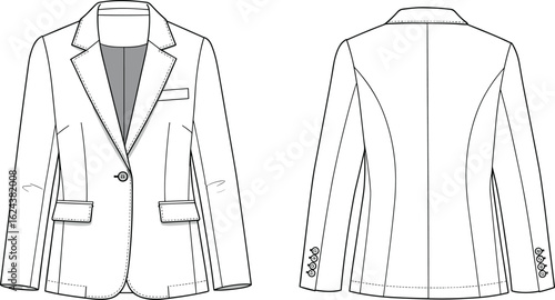 Flat sketch of women’s formal blazer front and back view, fashion technical drawing, single button jacket with lapel and pockets