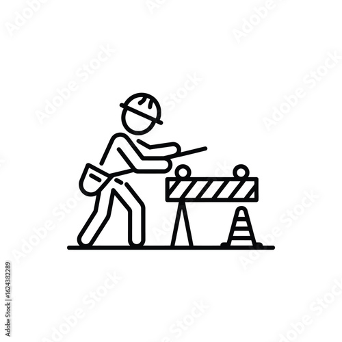 Construction worker directing traffic with a barrier and cone