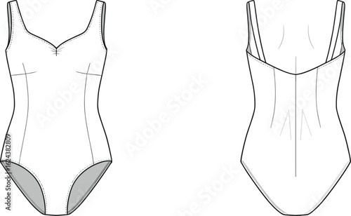 One-piece sleeveless swimsuit technical flat sketch, front and back view, swimwear fashion template, contour lines, minimalist beachwear design