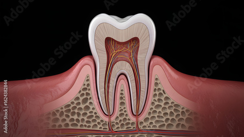 Detailed cross-section reveals intricate human tooth anatomy with nerves and blood vessels for dental education