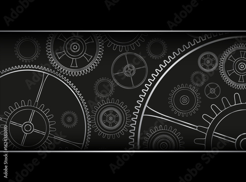 Technology background with silver gears and cogs on black, shiny metal 3D background.