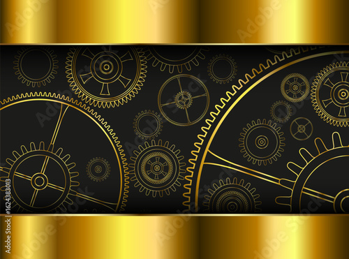 Technology background with gold gears and cogs on black, shiny metal 3D background.