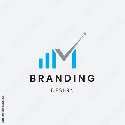 The "M" logo centers around a bold upward arrow, symbolizing growth, profit, success, and positive momentum in the market.