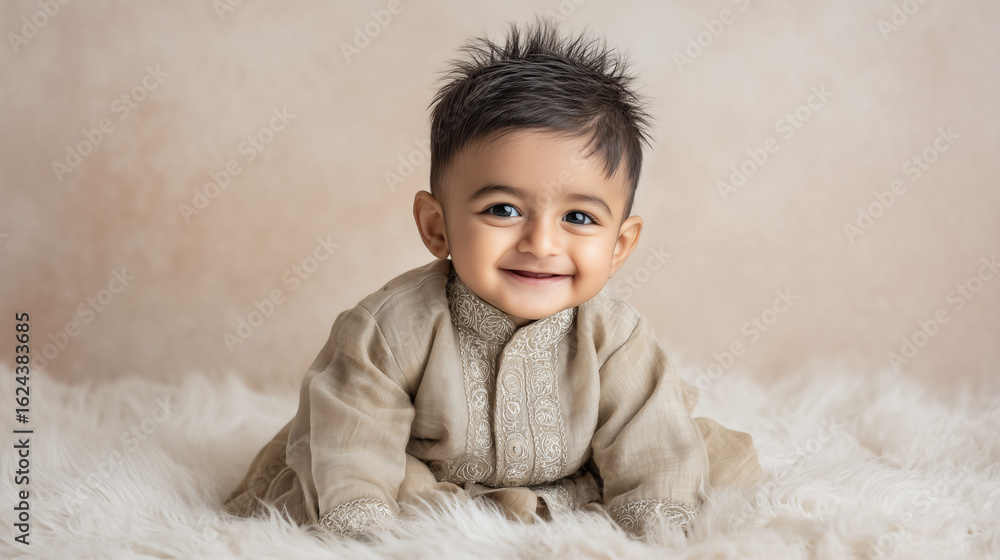 Smiling Indian baby wearing traditional kurta, sitting on soft white blanket Smiling Indian baby wearing traditional kurta, sitting on soft white blanket