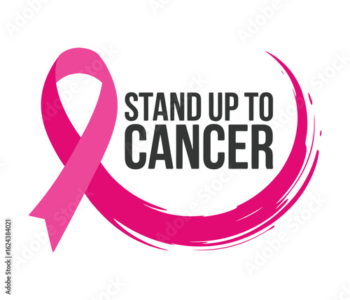 Breast cancer awareness pink ribbon symbol with heart and support elements for charity campaign