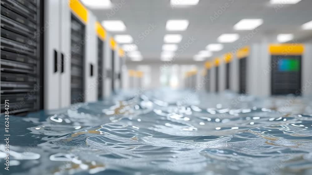 Submerged Rack An illustration of a data center server rack partially submerged in ...