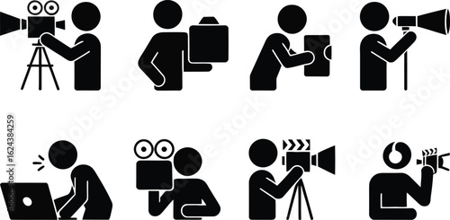 Collection of stylized black silhouette icons representing video production and filmmaking activities