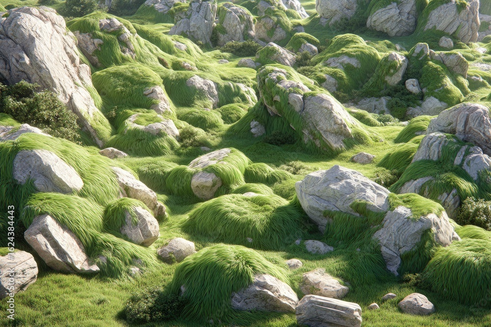 Rocky landscape covered in vibrant green moss Rocky landscape covered in vibrant green moss