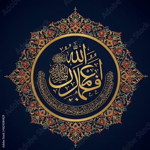 A complex islamic calligraphy art with floral border and circular composition