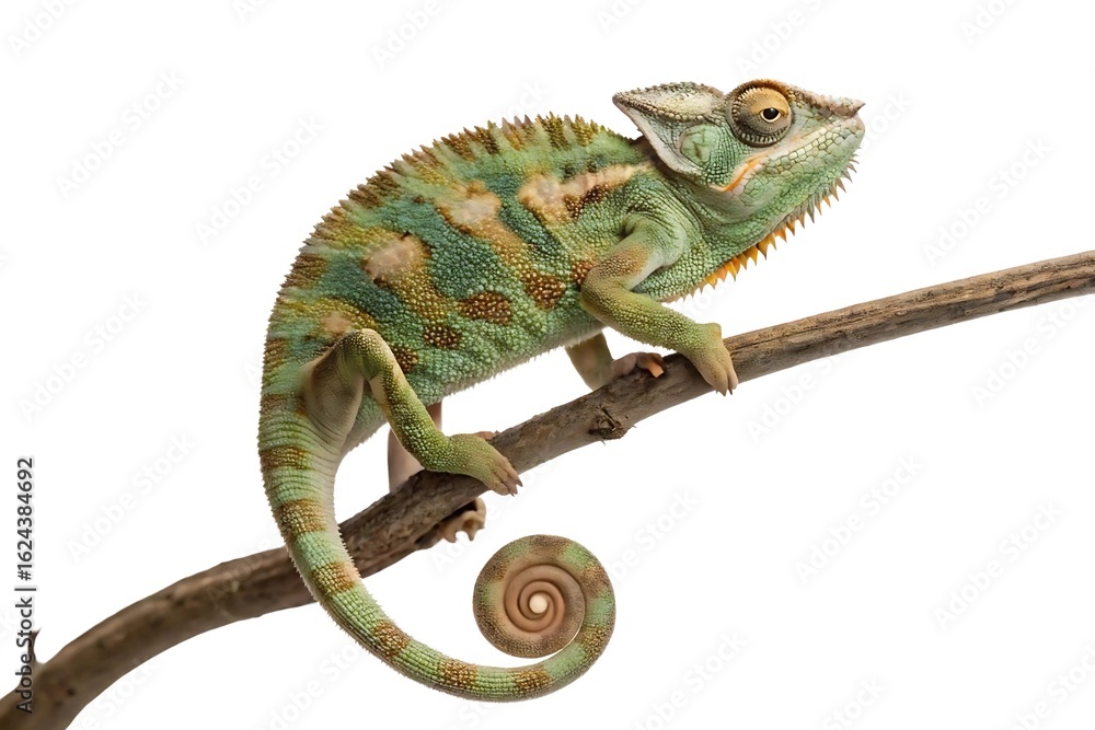 Obraz premium Studio macro shot of a horned chameleon clinging to an invisible perch, skin texture and ridged horns highlighted in fine detail, coiled tail and gripping feet visible, softly lit with no shadows.