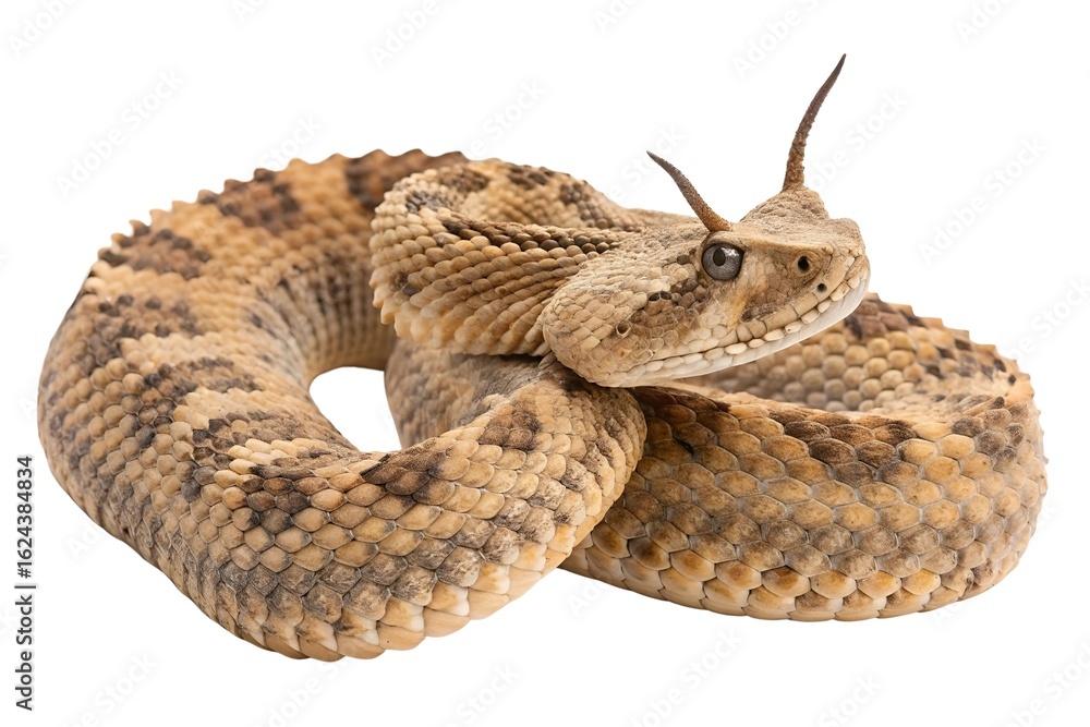 Obraz premium Studio macro photo of a desert horned viper coiled in resting pose, rough-scaled texture and distinct horn structures clearly defined, side-lit to enhance surface detail.