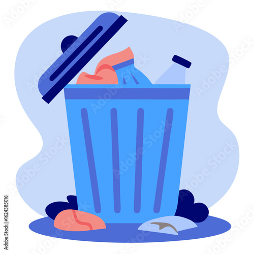 Open trash bin with assorted waste including fabric and bottles  