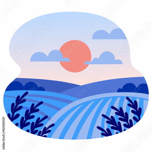 Sun over field with rolling hills and clouds in pastel colors  
