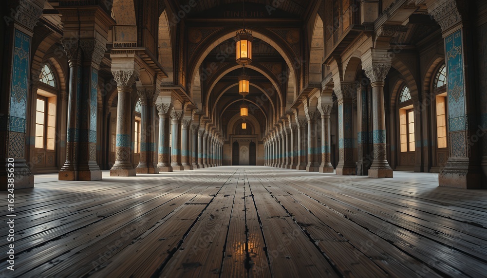 Obraz premium spacious interior of historical building with rows of decorated columns and wooden floor