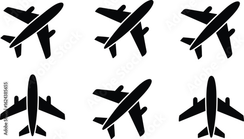 Set of six black airplane icons in different perspectives and orientations