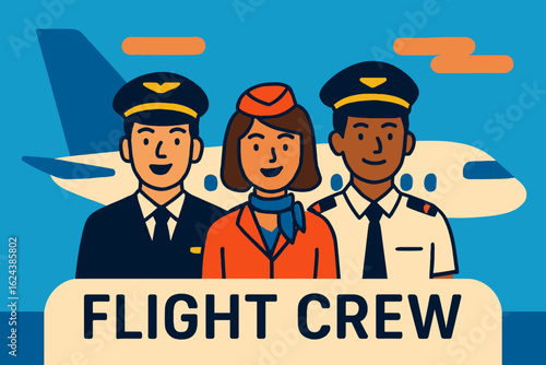 A professional and diverse airline flight crew, featuring pilots and a flight attendant, is depicted in a modern illustration with an airplane backdrop.