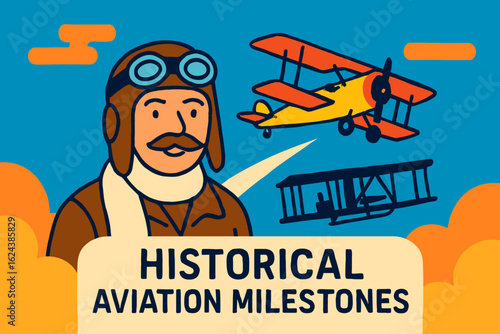 A charming illustration depicting historical aviation milestones, showcasing a vintage pilot with goggles and classic biplanes against a bright blue sky.