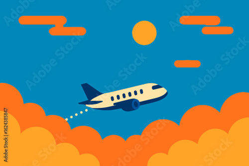 A sleek passenger airplane soars through a vibrant blue sky above fluffy orange clouds, illuminated by a bright sun, symbolizing global travel and adventure.