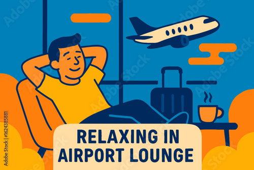 This vibrant illustration captures a relaxed individual enjoying a peaceful moment in a modern airport lounge, comfortably awaiting their flight departure.
