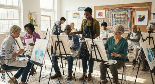 Wallpaper Mural Diverse Seniors Enjoying Art Class, Instructor Guiding Painting Techniques, Bright Studio. Torontodigital.ca