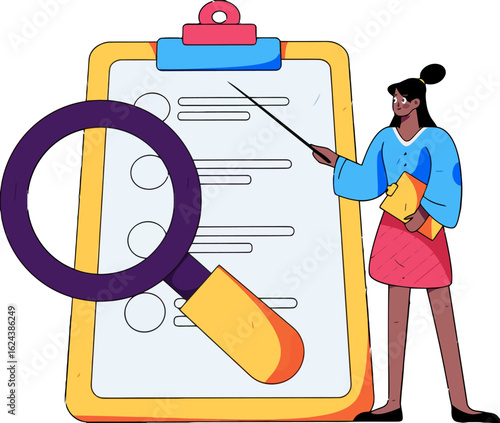 Modern businesswoman reviewing checklist with magnifying glass, ideal for project management, audit, and quality control concepts, showing attention to detail and thoroughness in business processes
