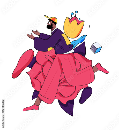 Stylish man floating amidst a vibrant rose and dynamic geometric shapes, embodying surreal modern art and dreamlike imagination with a touch of whimsy and creative expression