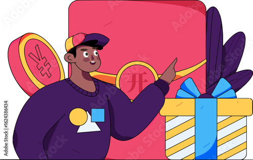 Celebrate Chinese New Year and give the gift of prosperity with this vibrant cartoon illustration featuring a lucky red envelope, gold Yuan coin, and festive present, perfect for welcoming fortune and