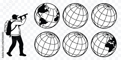 Black and white vector illustration of a traveler looking through a telescope at globes representing global exploration and discovery