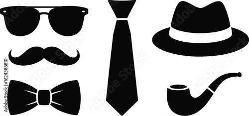 Classic gentleman accessories silhouette set with hat tie sunglasses mustache and pipe